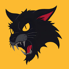 Furious Black Cat: This illustration of a fierce black cat, with a dark demeanor and open mouth revealing sharp teeth, is a striking depiction of feline aggression.