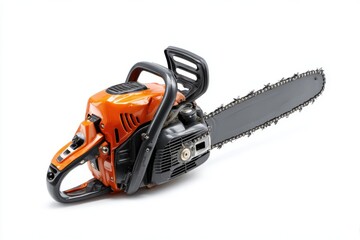 Fototapeta premium Orange and Black Chainsaw Isolated on White Background for Forestry or Construction Tool Use