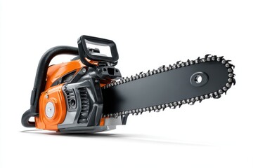 Orange and Gray Chainsaw with Black Chain on White Background, Studio Shot
