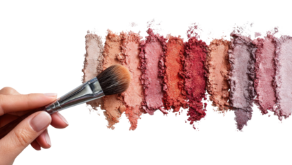 Hand holding makeup brush over a palette of eyeshadows in various shades of peach, rose, and mauve