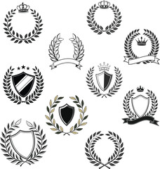Luxury Laurel Wreath Shield Emblem Set for Mobile Phone Wallpaper, HD Background, Vintage Heraldic Insignia Design for Decoration
