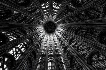 Gothic cathedral interior, upward view.  Intricate,  dark,  light