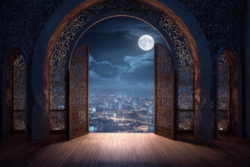 Fototapeta premium Ornate Archway with Open Doors Overlooking City at Night and Full Moon Sky