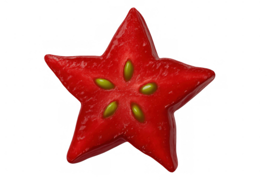 Ripe starfruit slice displaying translucent flesh, intricate seeds visible, clean transparent backdrop, fresh produce concept