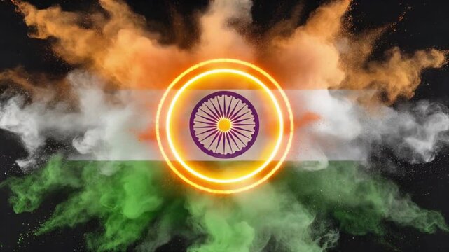 Tricolor smoke like textures emitting colors of the Indian flag with Ashoka Chakra rotating and glowing animation on black background, 4K video.