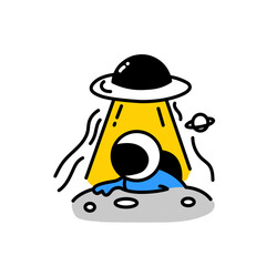 Cartoon Astronaut Being Abducted by UFO on the Moon. Doodle UFO Beaming Up Astronaut