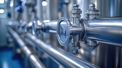 Close-Up View of Industrial Stainless Steel Pipeline with Pressure Gauge in Modern Factory Setting
