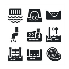Urban Drainage Icons. Solid, filled icons set of urban drainage infrastructure: storm drain, culvert,