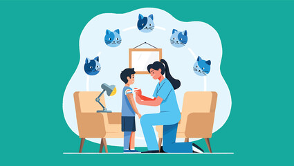 Pediatrician administering a vaccine to a young boy in a clinic, a vector illustration.