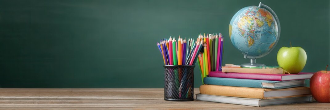 School Supplies Still Life Pencils, Globe, Stacked Books, Green Apple and Red Apple, Chalkboard Backdrop