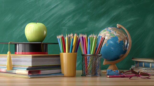 School Supplies with Green Apple, Globe, and Books on Wooden Desk in Classroom