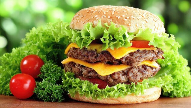 Double cheeseburger with lettuce, tomato, and sesame seed bun - Powered by Adobe
