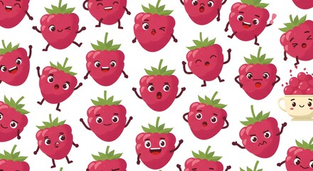 Fototapeta premium Cute Cartoon Strawberries with Smiling Faces on White Background for Kids Designs