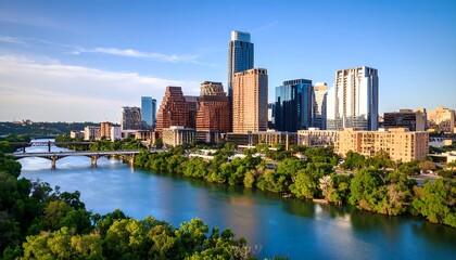 Fototapeta premium Panoramic cityscape view of a vibrant city by a river