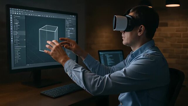 Man in Virtual Reality Headset Interacts With 3D Modeling Software in a Dark Workspace