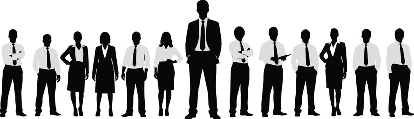 Business team silhouettes standing together in formal attire, professional corporate group, diverse workforce, leadership concept, unity in business environment