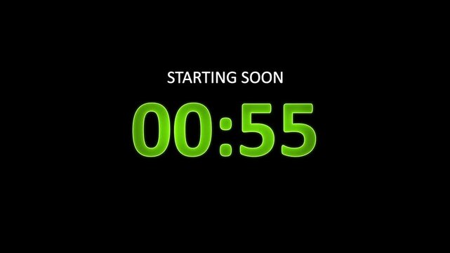 Starting soon neon digital countdown clock timer in 1 minute to 0 second. Neon text number on isolated black background. 4k video