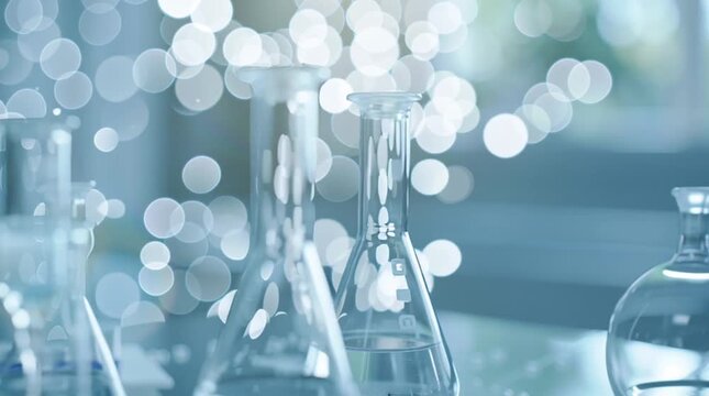 Laboratory glassware in Soft Focus: Delicate glass vials and beakers gleam against a blurred backdrop of lights, creating a serene ambiance in a laboratory setting.
