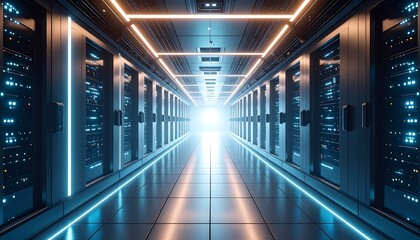 Fototapeta premium Server Room Corridor with Data Storage Racks and Neon Lighting