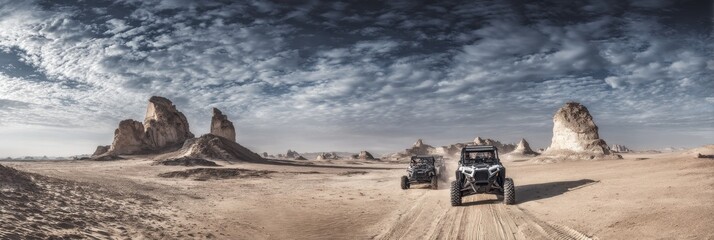 Two Utility Terrain Vehicles Driving Through Rocky Desert Landscape Under Cloudy Sky