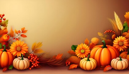 Festive autumn arrangement with pumpkins, vibrant flowers, and colorful leaves on gradient background with copy space