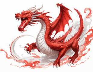 The dragon is an intense, solid red color, and it is shown in a crouched, powerful stance with its large, bat-like wings spread wide. Its head is turned to the left, and its mouth is open in a fearsom