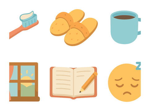 Morning Routine Icons. Flat vector mini-illustrations Personal vlogs and daily moments in colors children's
