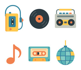 Retro Music Icons. Flat vector mini-illustrations Old-school music vibes in colors children's illustrations: