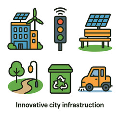 Innovative City Infrastructure. Flat vector mini-illustrations Innovative city infrastructure in colors