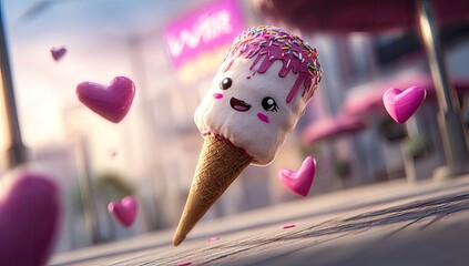 Cute marshmallow ice cream cone in a whimsical setting, surrounded by pink hearts