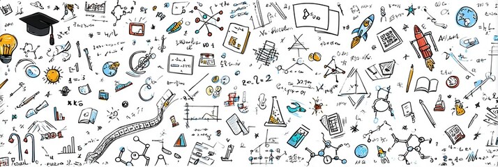 Whiteboard Sketch Science, Technology, Education Symbols, Formulas, and Equations, with Rocket, Graduation Cap, and Earth Details