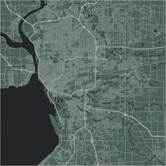 Map of Buffalo in New York in a smooth dark style. Contains layered vector with roads water, parks, etc.
