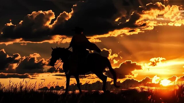 Silhouette of a gaucho wearing a hat and poncho on top of a horse in the pampa dusk	
