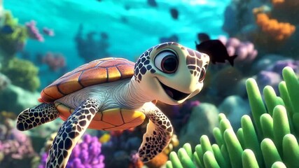 Animated sea turtle swimming through a vibrant coral reef with playful cartoon style elements