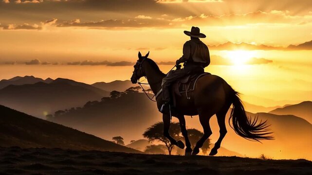 Gaucho pawn riding a Criollo horse at pampa sunset. Criollo Brazilian horse breed