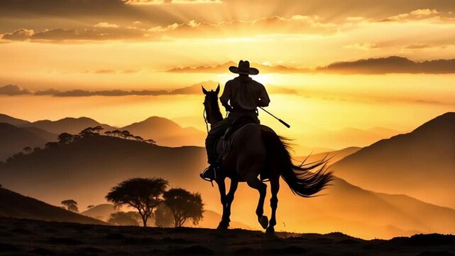 Gaucho pawn riding a Criollo horse at pampa sunset. Criollo Brazilian horse breed