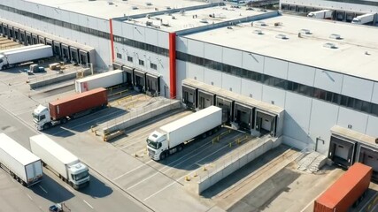 Ai generated aerial view of a logistics and distribution center with many trucks and trailers at loading docks, symbolizing commerce and transportation 4k video - Powered by Adobe
