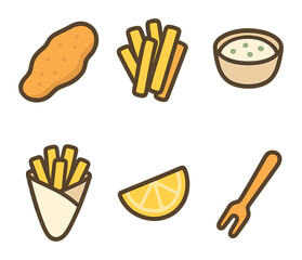 Fish and Chips Icons. Flat vector mini-illustrations Fish and chips dish in colors children's illustrations: