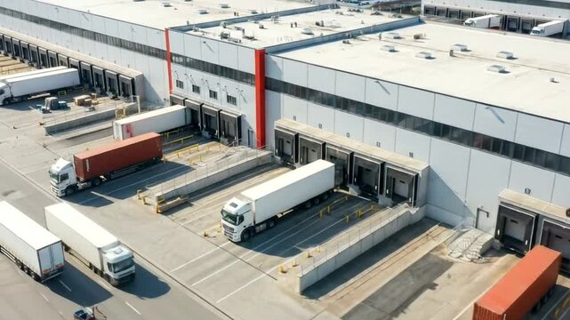 Ai generated aerial view of a logistics and distribution center with many trucks and trailers at loading docks, symbolizing commerce and transportation 4k video