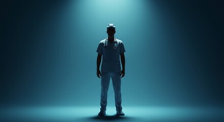 Fototapeta premium nurse silhouette in spotlight, top position with clear copy space below. ,hyper realistic digital art ,isolated on bright background