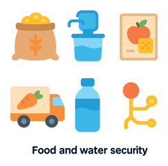 Emergency Supplies Icons. Flat vector mini-illustrations Food and water security in colors children's