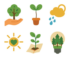 Surreal Reforestation Creativity. Flat vector mini-illustrations Surreal reforestation hope in colors children