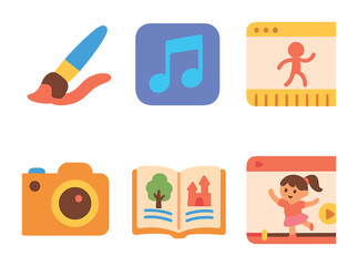 Creative Kids' Tools. Flat vector mini-illustrations Creative skills online in colors children's illustrations