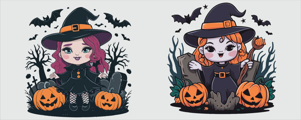 Vector art of cute halloween witch with pumpkins illustration