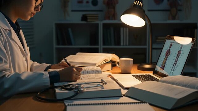 4K video showing medical student in white coat studying at night with open laptop, books scattered, stethoscope on table, educational background vibe.
