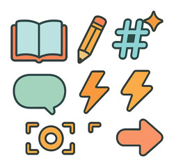 Children's Icon Grid. Flat vector mini-illustrations Creative storytelling through hashtags in colors children