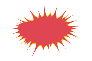 Comic red explosion bubble shape with yellow jagged edges. Retro style starburst icon and cartoon speech bubbles for pop art, Kids' book design illustrations.



