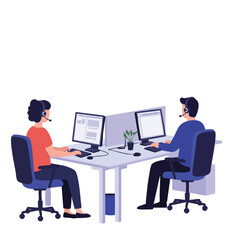 Two people wearing headsets work together at computers in a modern office setting, representing customer service or remote work collaboration.