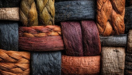 Close-up view of a woven basket or container.  Colorful, intricate patterns of natural fibers create a textured surface.  Various shades of brown, gold, and dark tones are interwoven