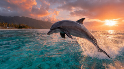 Obraz premium Dolphin Leaping From Ocean At Sunset In Tropical Paradise